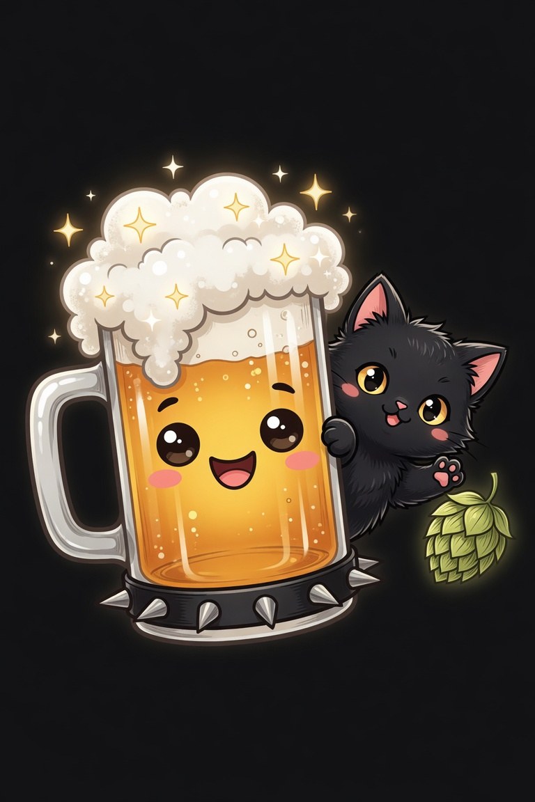 A grinning kawaii beer mug with overflowing foam and a spiked collar, while a black kitten peeks around it holding a hop cone