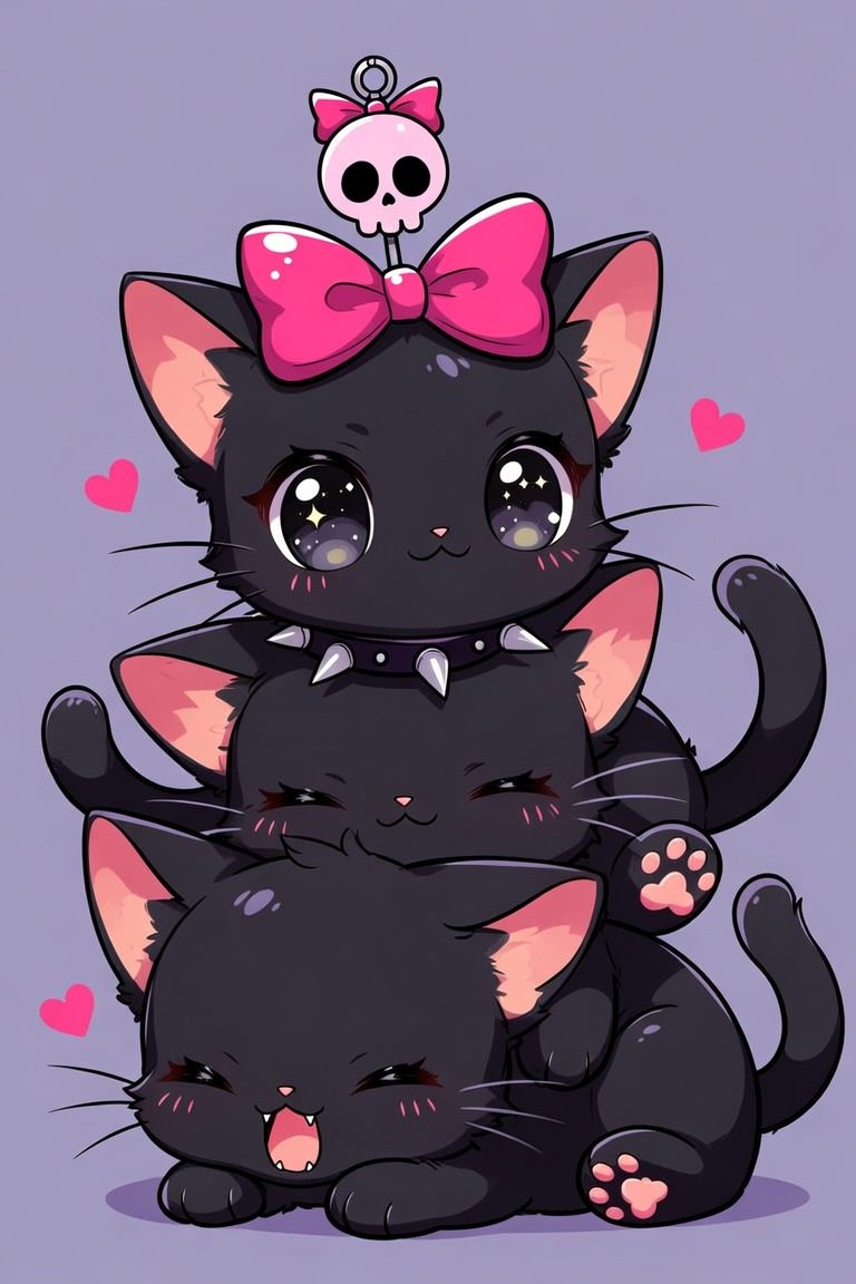 Three chibi black cats stacked in a tower, the top one wearing a hot-pink bow with a little skull charm