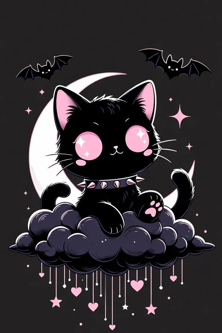A black cat with glowing pink eyes and a spiked collar, perched on a storm cloud raining hearts, with a crescent moon and bats behind it