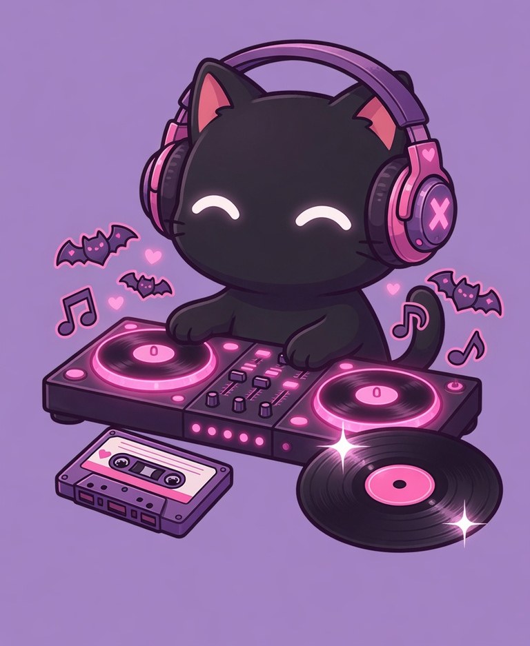 A black cat DJ in pink headphones scratching records on a glowing pink turntable rig, cassette and vinyl nearby
